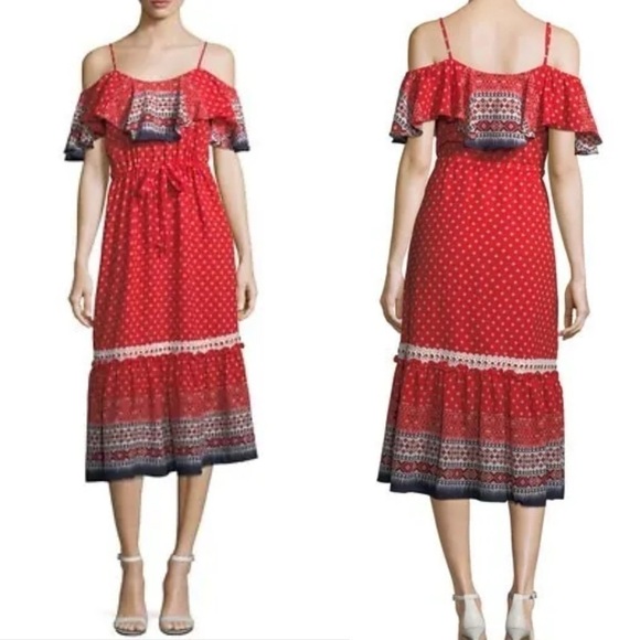 Misa Los Angeles Larsen Cold-Shoulder Bohemian Printed Midi Dress In Red Size S - Picture 1 of 11